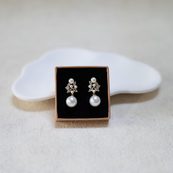 Pearl Drop Dangle Earrings for Women CZ Bridal Wedding Prom Jewelry for Brides - Picture 6 of 7